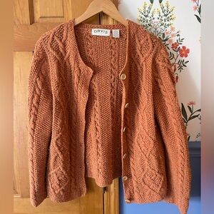 Orvis Burnt Orange Cable Knit Button-Front Cardigan